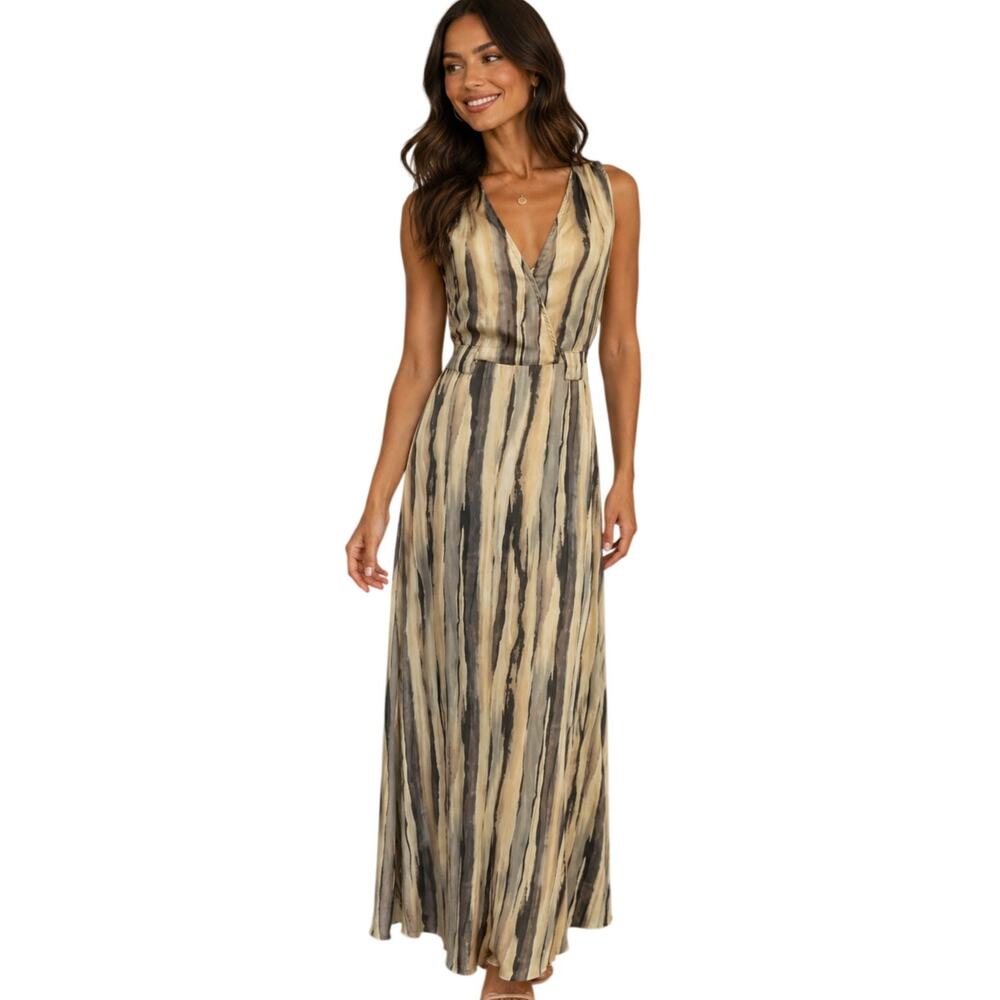 Costa Blanca Painted Striped Maxi Dress Women's XS Cream Gray V-Neck Slinky Long